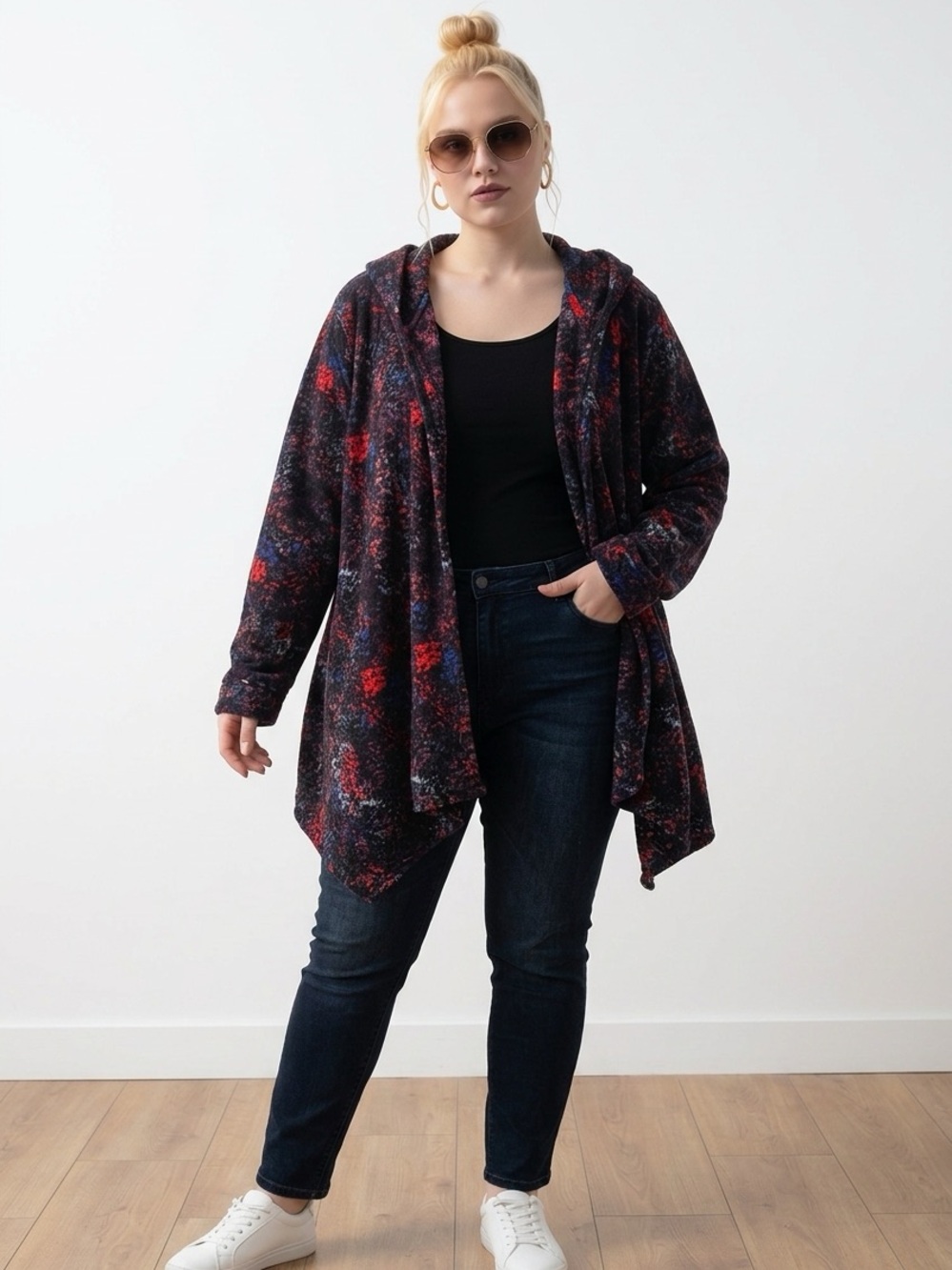 Cuddl Duds Hooded Open-Front Fleece Cardigan - Black with Red & Blue Accents